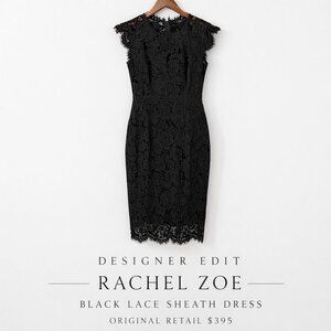 Rachel Zoe Black Lace Sheath Dress Cap Sleeve Scalloped Hem Size 0